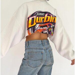 90s vintage white neon car racing graphic reworked cropped pullover sweatshirt